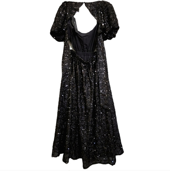 Elliatt Aubree Black Sequined Square Neck Knit Puffed Sleeve Cut Out Midi Dress - Picture 15 of 17